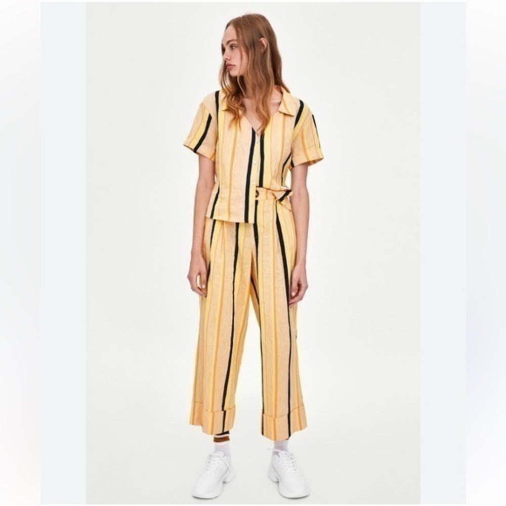 Zara Cotton & Linen Blend Highrise Striped Straight Leg Cuffed Pants